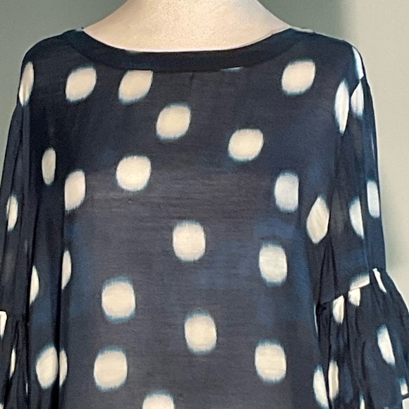 Chico's Size 2 Sheer Navy/Big White Polka Dots, Multi-Tiered Gathered Sleeves - Picture 1 of 16